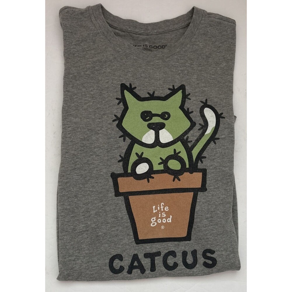 Life is Good Mens Crusher Tee T Shirt Gray Catcus Cat Cactus Sz XL
